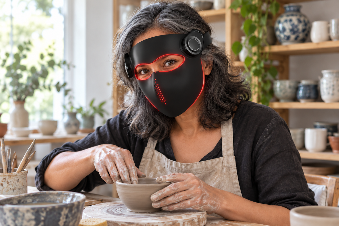 Woman shaping a clay bowl in a pottery studio while wearing the black Kivorla red light therapy mask