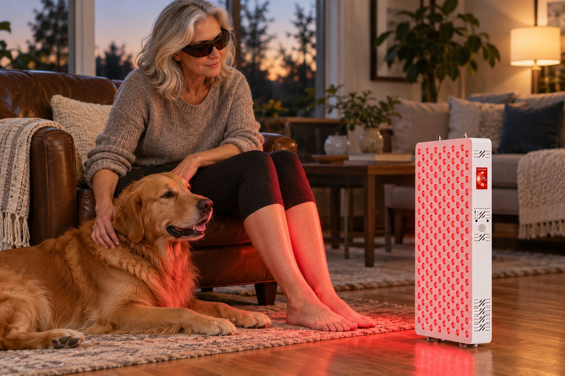 Woman in goggles sitting on the floor with her golden retriever in front of the Kivorla red light therapy panel