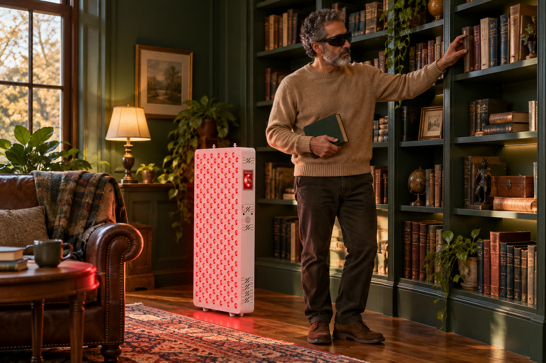 Man in goggles taking a book from a shelf in a home library beside the Kivorla red light therapy panel