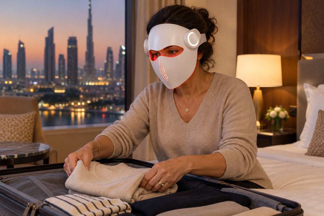 Woman packing a suitcase in a hotel room while wearing the white Kivorla red light therapy mask