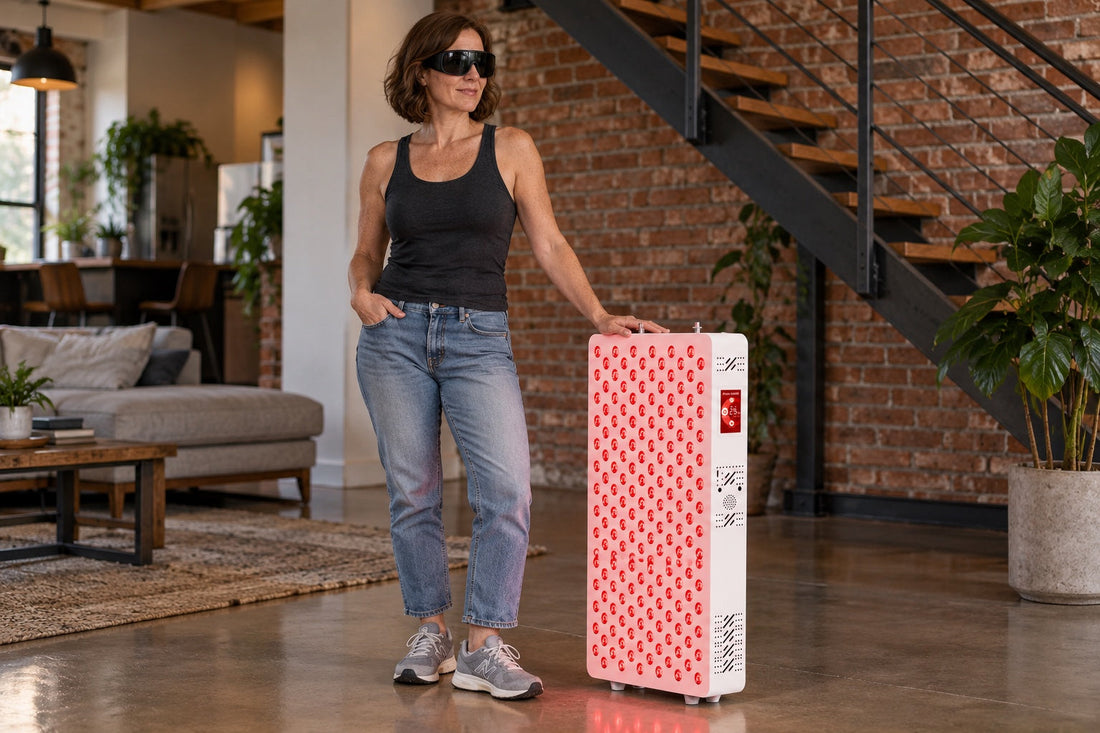 Woman wearing goggles standing beside the Kivorla red light therapy panel in a loft apartment