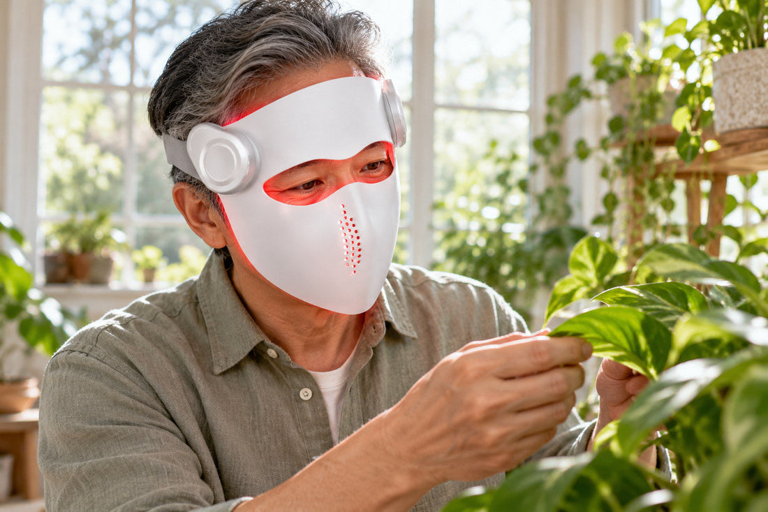 Older man tending his houseplants while wearing the white Kivorla red light therapy mask