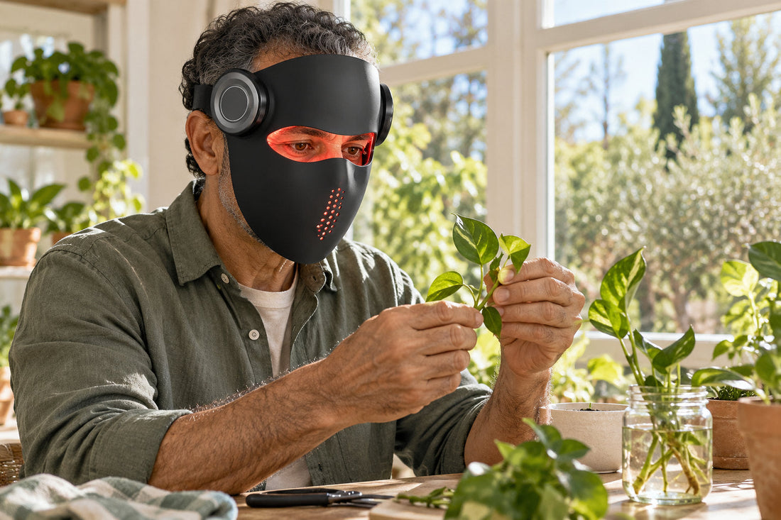 Man potting plant cuttings while wearing the black Kivorla red light therapy mask