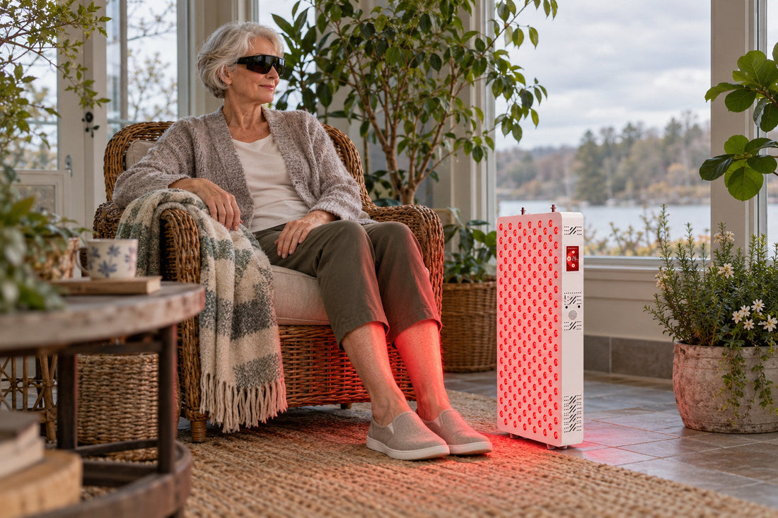 Woman wearing goggles sitting in a sunroom chair beside the Kivorla red light therapy panel