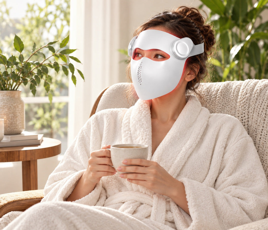 Woman in a bathrobe wearing the white Kivorla LED mask and holding a cup