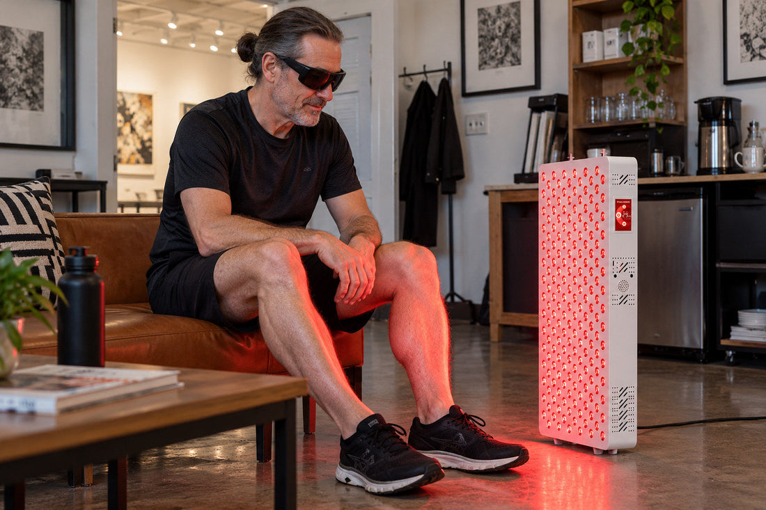 Man sitting on the edge of a sofa in shorts beside the Kivorla red light therapy panel, wearing protective goggles