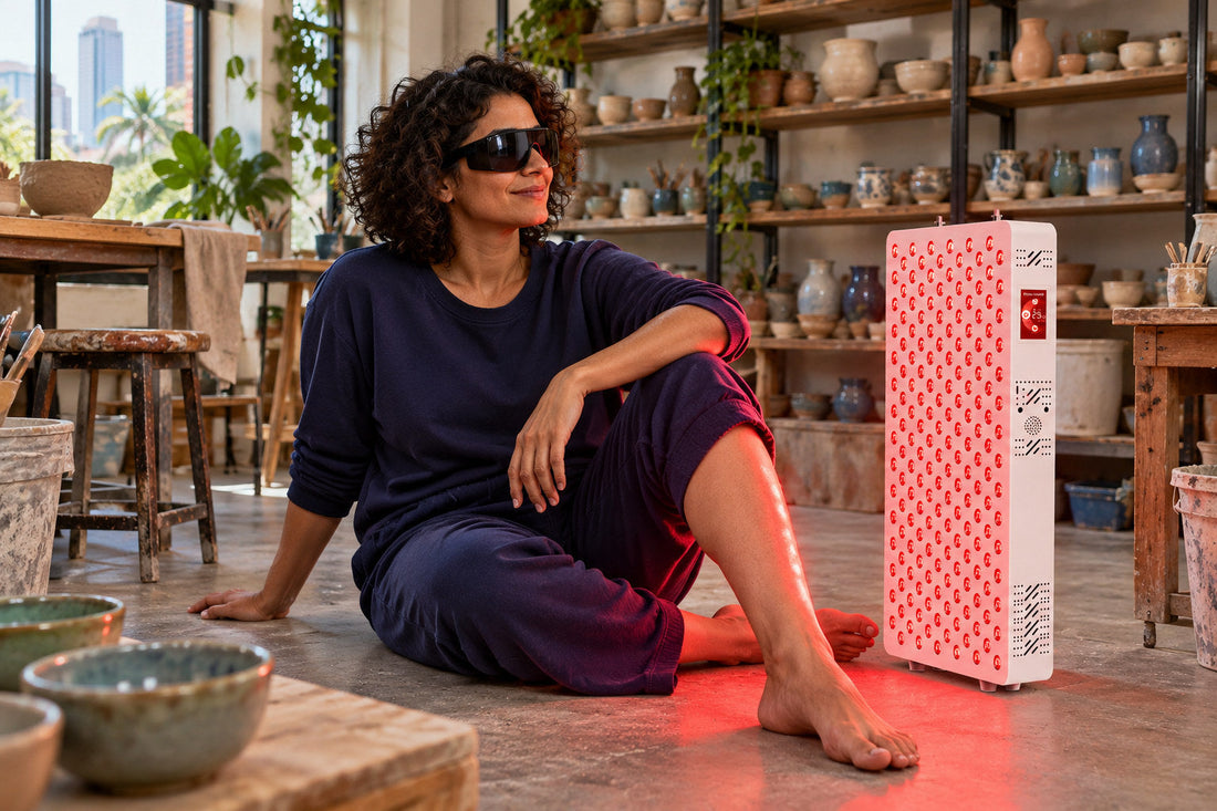Woman sitting on the floor of a pottery studio beside the Kivorla red light therapy panel, wearing protective goggles