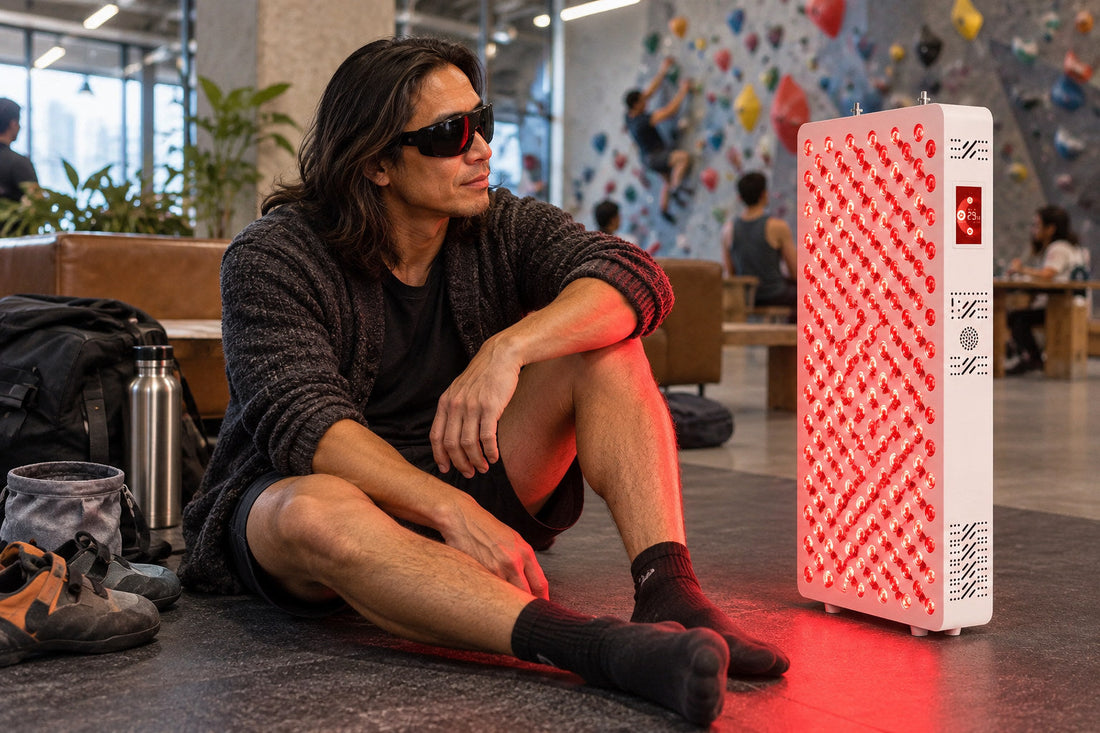 Man resting on the floor at a climbing gym beside the Kivorla red light therapy panel, wearing protective goggles