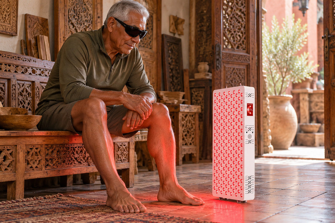 Older man sitting on a bench in shorts beside the Kivorla red light therapy panel, wearing protective goggles