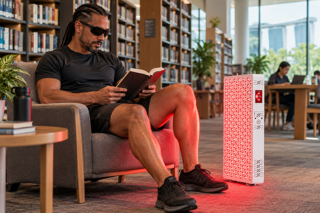 Man reading in an armchair in shorts beside the Kivorla red light therapy panel, wearing protective goggles