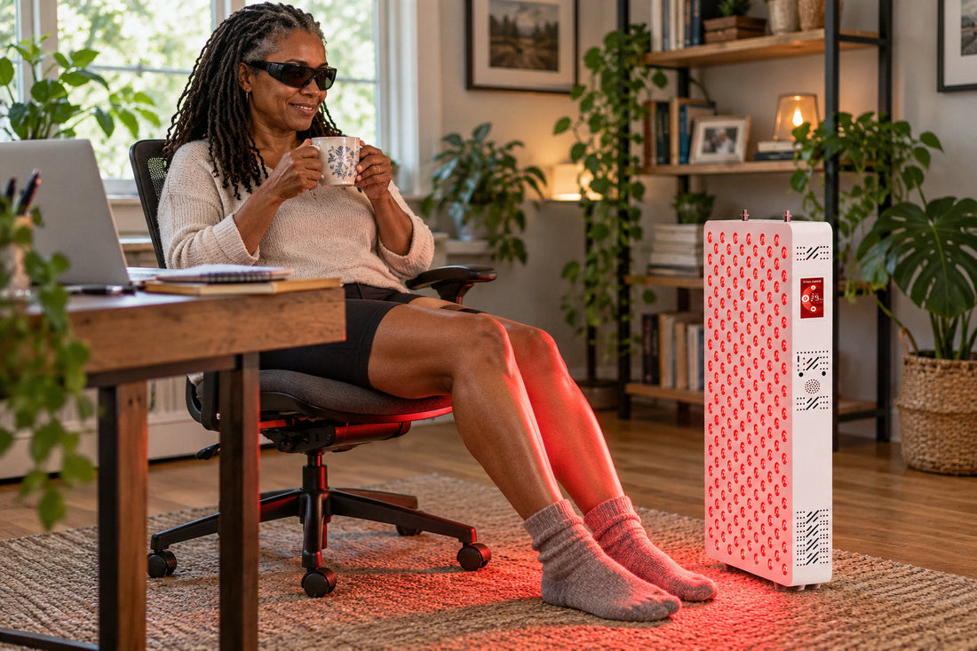 Woman in goggles with a mug in her home office chair beside the Kivorla red light therapy panel