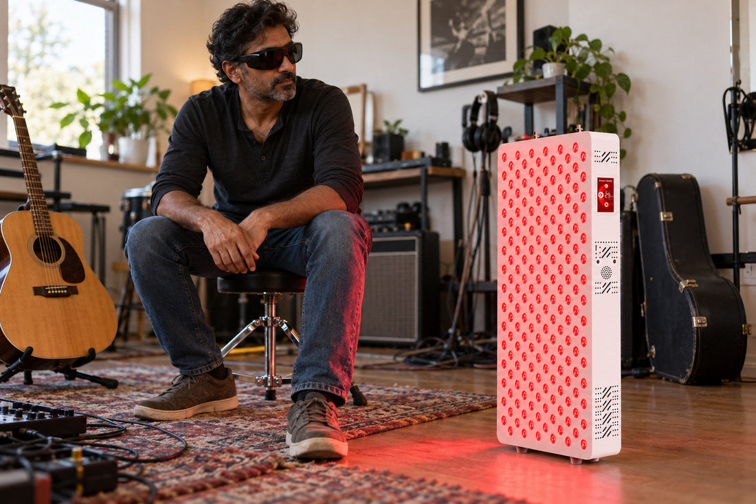 Musician sitting on a stool in his rehearsal room in front of the Kivorla red light therapy panel