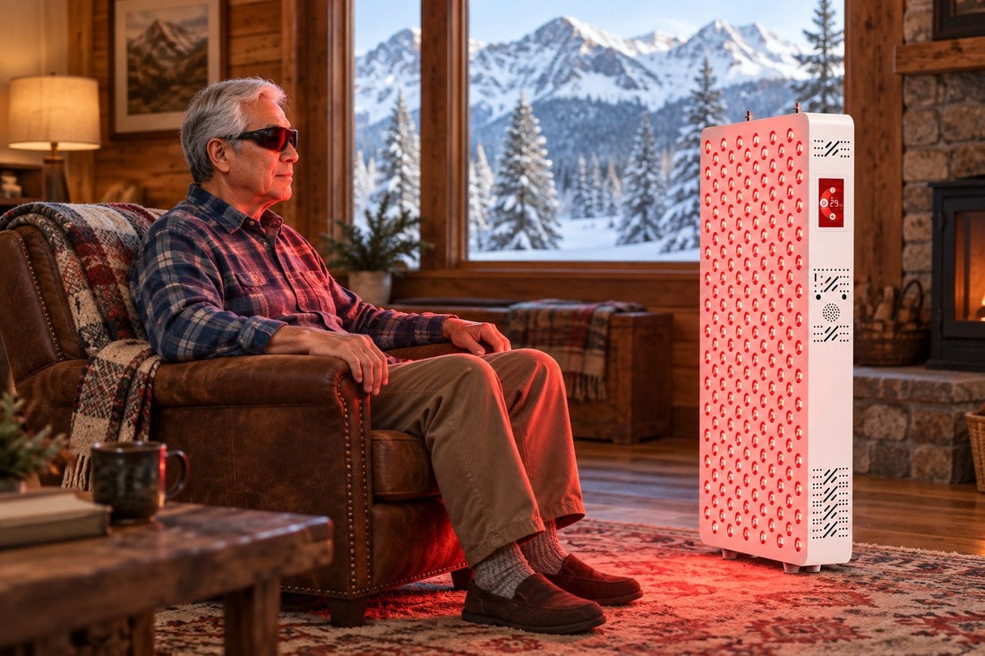 Man in goggles sitting in an armchair beside the Kivorla red light panel