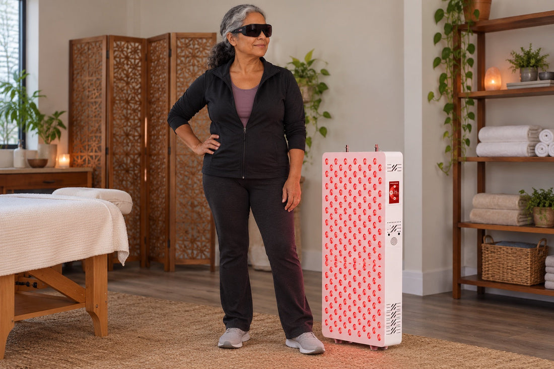 Woman wearing goggles standing next to the Kivorla red light therapy panel in a calm treatment room