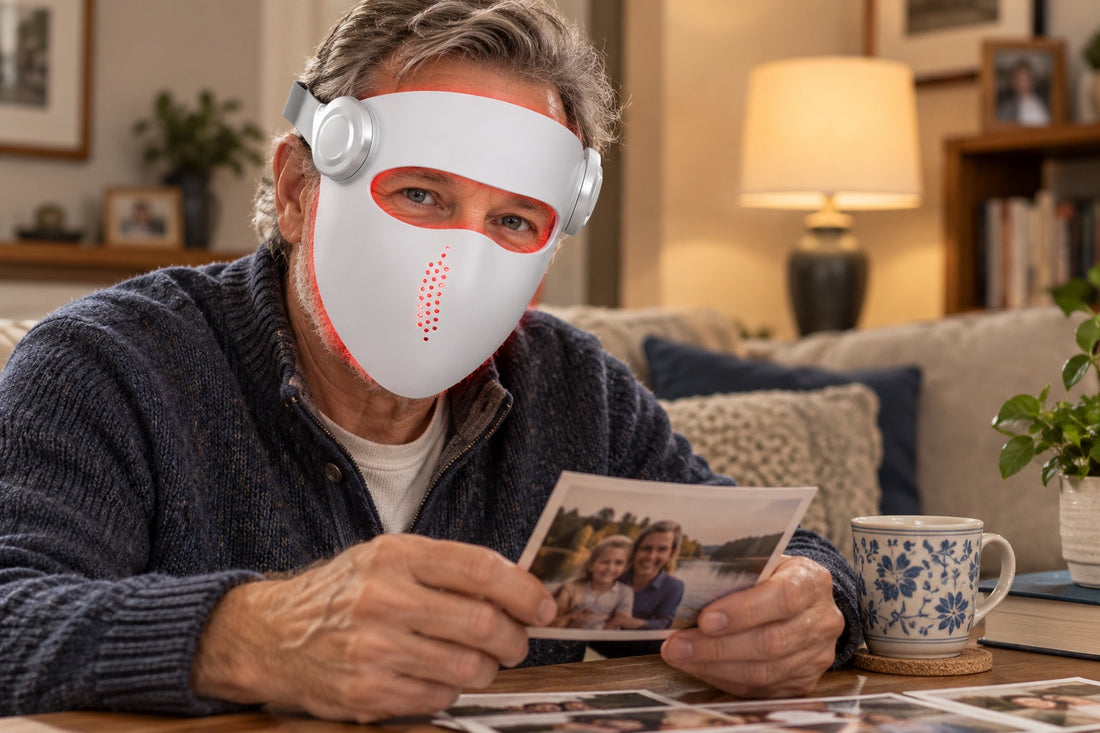 Man looking at printed family photos while wearing the white Kivorla red light therapy mask