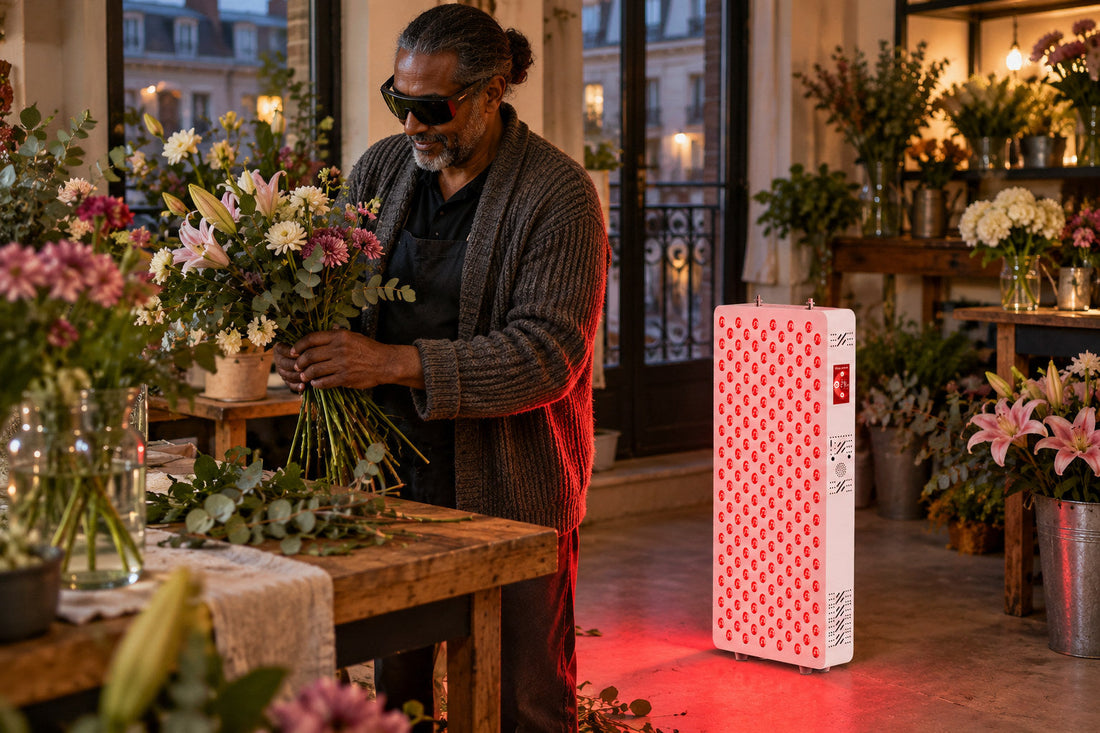 Man arranging flowers beside the Kivorla red light therapy panel, wearing protective goggles