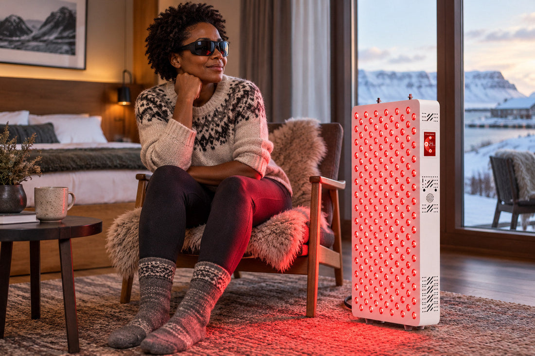 Woman sitting in a chair in a winter cabin beside the Kivorla red light therapy panel, wearing protective goggles