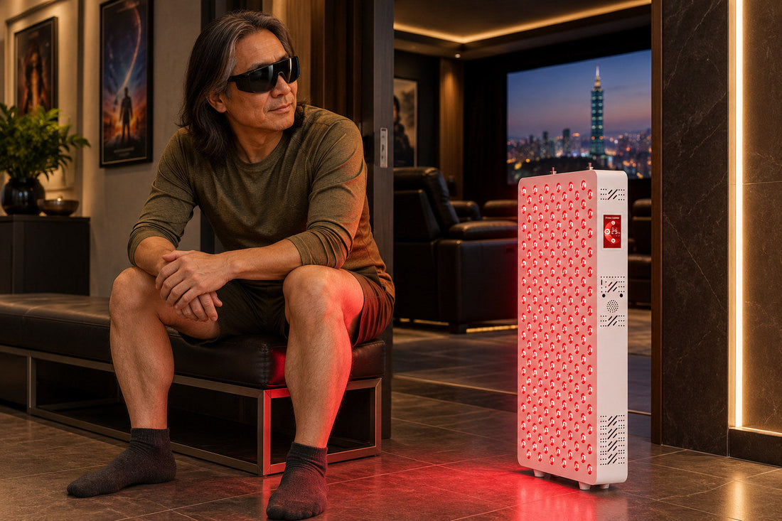 Man sitting on a bench in shorts beside the Kivorla red light therapy panel, wearing protective goggles