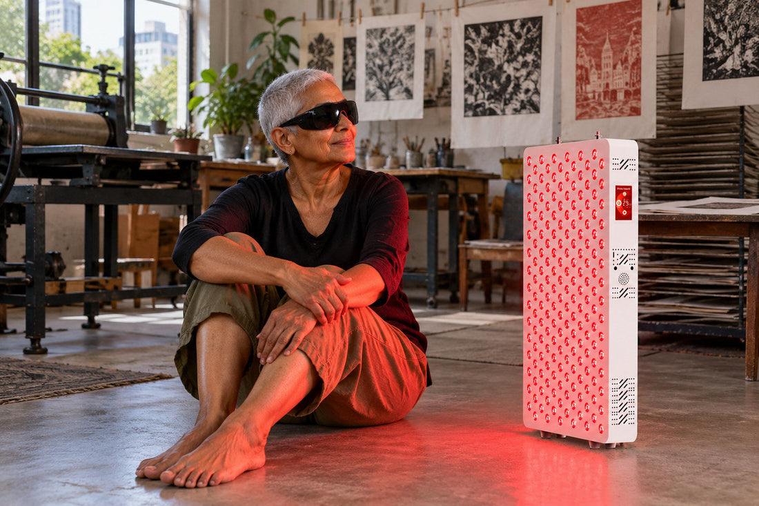 Older woman sitting on the floor of a print studio beside the Kivorla red light therapy panel, wearing protective goggles
