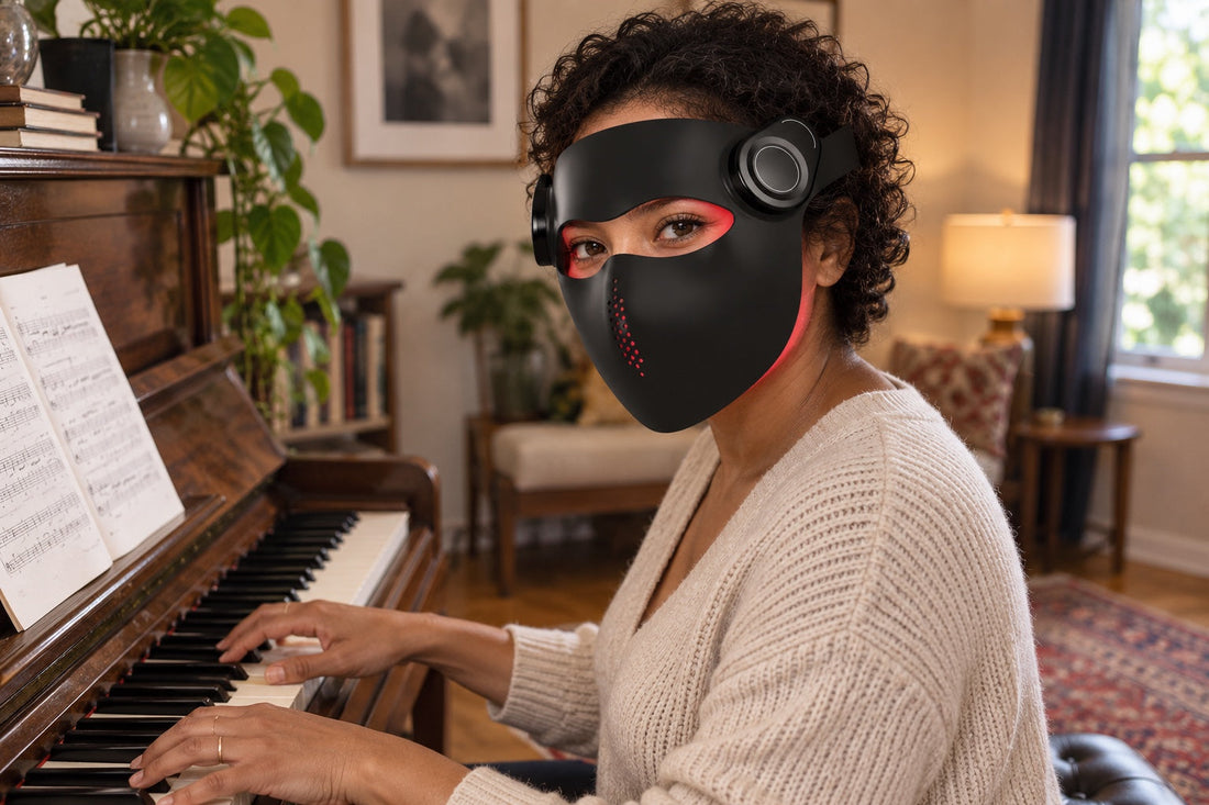 Woman playing the piano while wearing the black Kivorla red light therapy mask