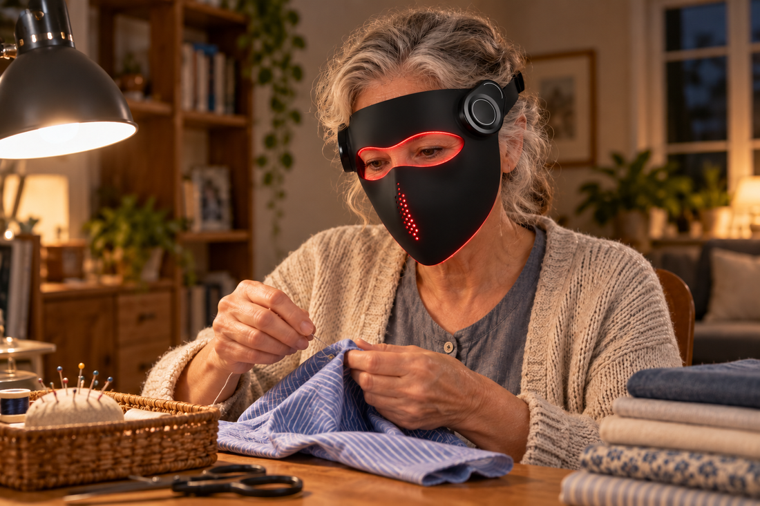 Woman sewing at a table while wearing the black Kivorla red light therapy mask