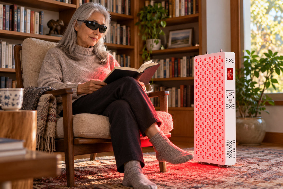 Older woman in goggles reading in a home library beside the Kivorla red light therapy panel