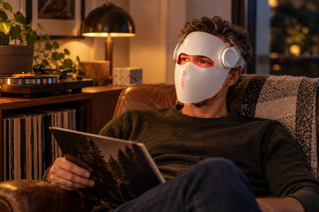 Man relaxing in a leather armchair with a tablet while wearing the white Kivorla red light therapy mask