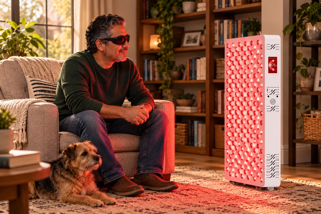 Man in goggles sitting in an armchair with his dog beside the Kivorla red light therapy panel