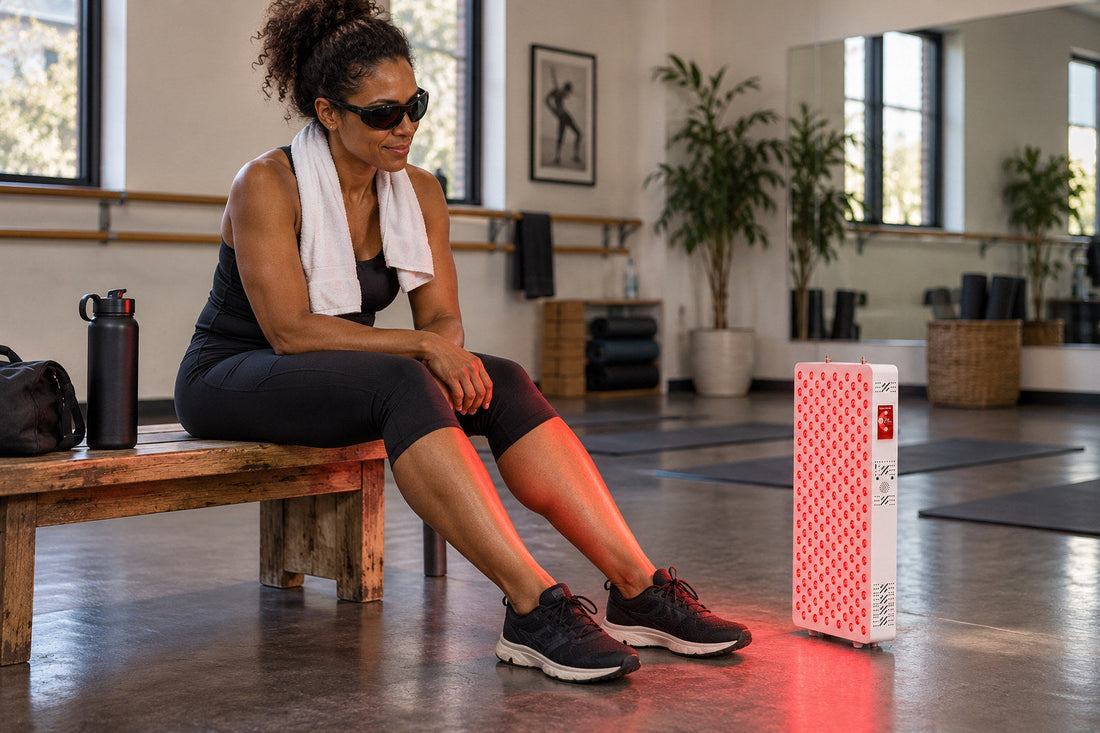 Woman in sportswear and goggles sitting on a bench with her legs in front of the Kivorla red light therapy panel