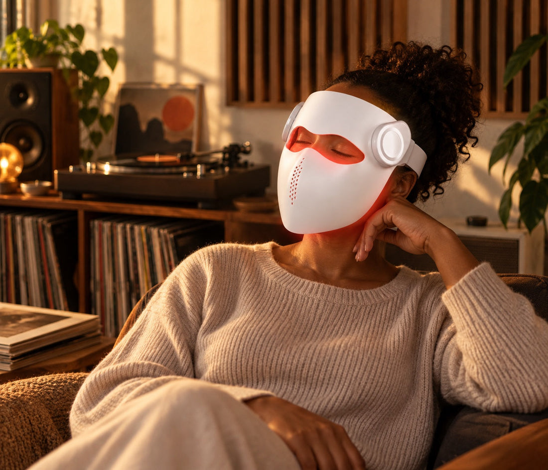 Woman in a knitted jumper wearing the white Kivorla LED face mask beside a record player