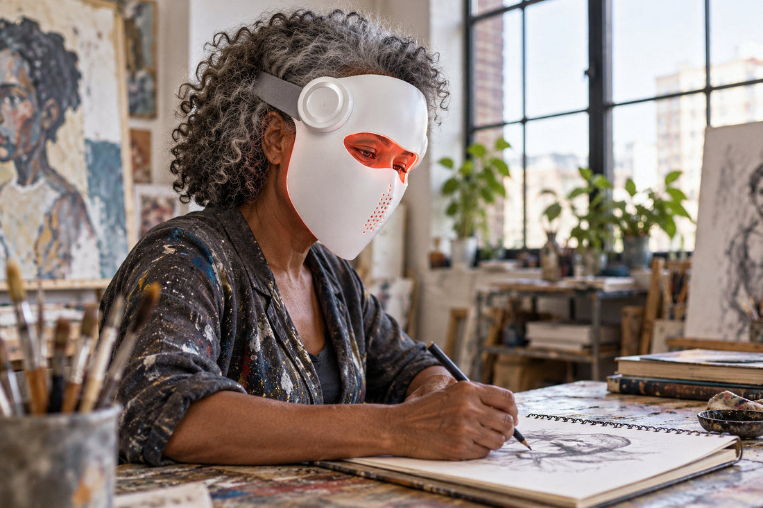 Older woman sketching in an art studio while wearing the white Kivorla red light therapy mask