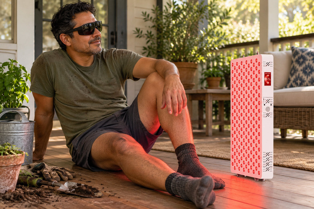 Man in goggles sitting on the floor of a covered porch beside the Kivorla red light therapy panel