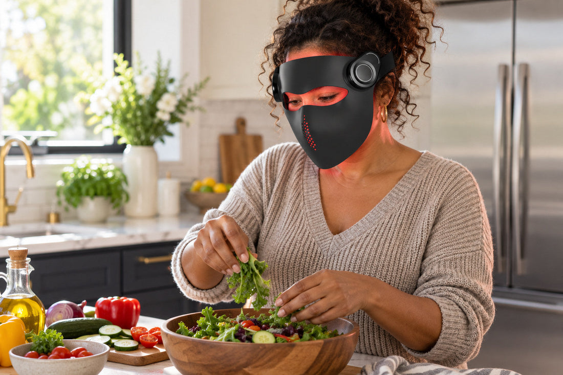 Woman preparing a salad in her kitchen while wearing the black Kivorla red light therapy mask