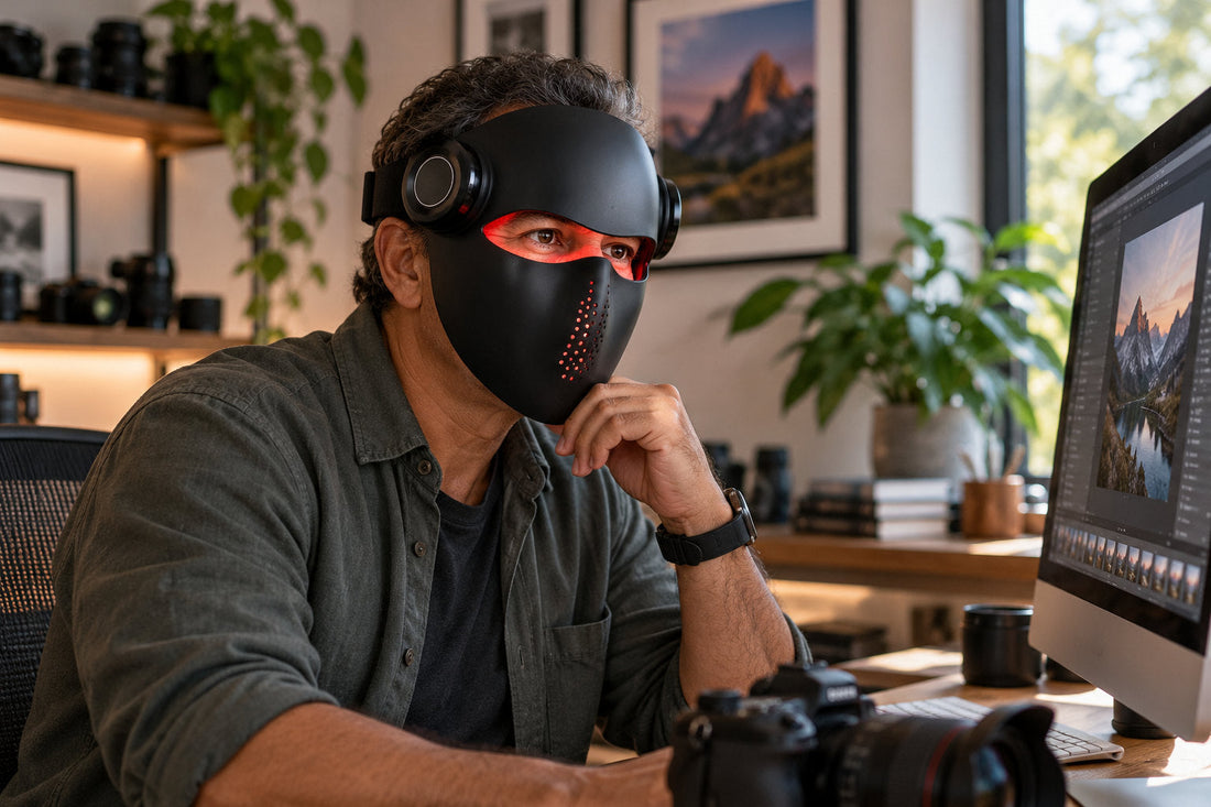 Man editing photos at his desk while wearing the black Kivorla red light therapy mask