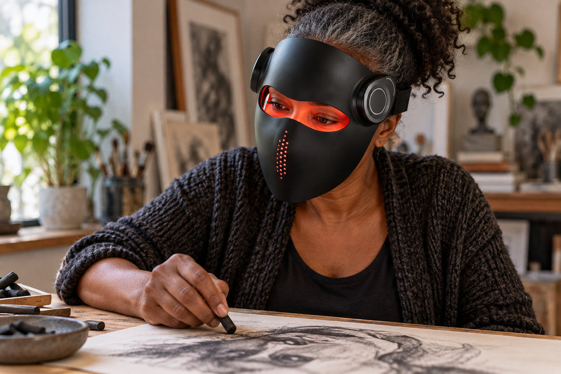 Woman drawing in a painting studio while wearing the black Kivorla red light therapy mask