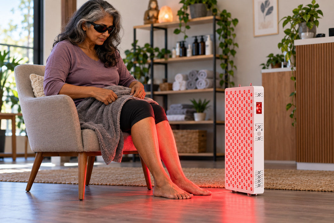 Woman seated with her legs in front of the Kivorla red light therapy panel, wearing goggles