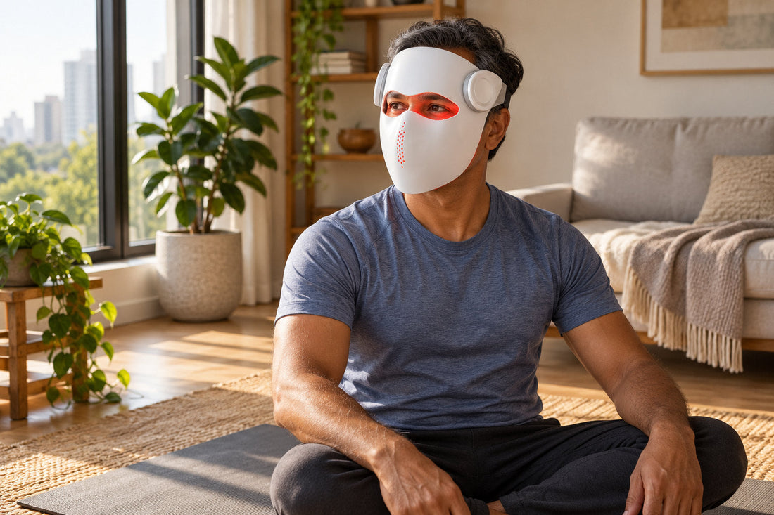 Man sitting cross-legged on a yoga mat while wearing the white Kivorla red light therapy mask