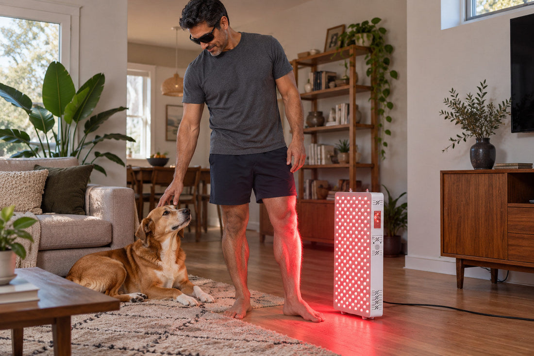 Barefoot man in goggles stroking his dog in the living room beside the Kivorla red light therapy panel