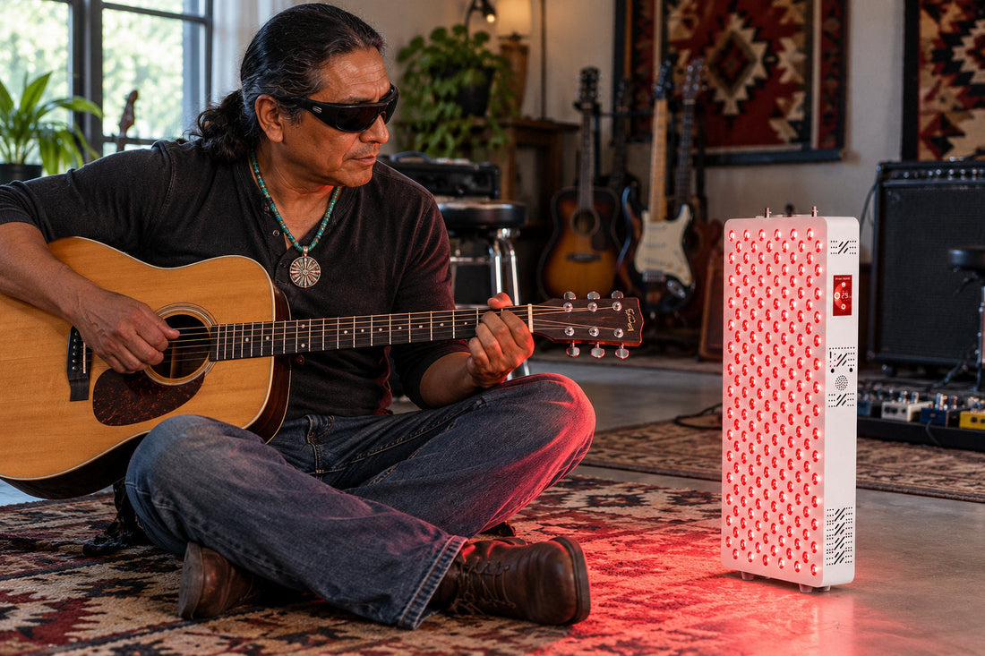Man in goggles playing an acoustic guitar on the floor beside the Kivorla red light therapy panel