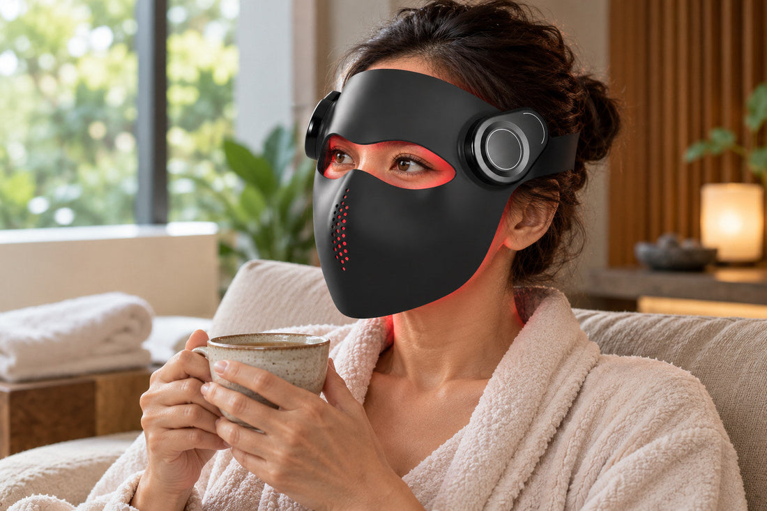Woman in a robe holding a mug while wearing the black Kivorla red light therapy mask