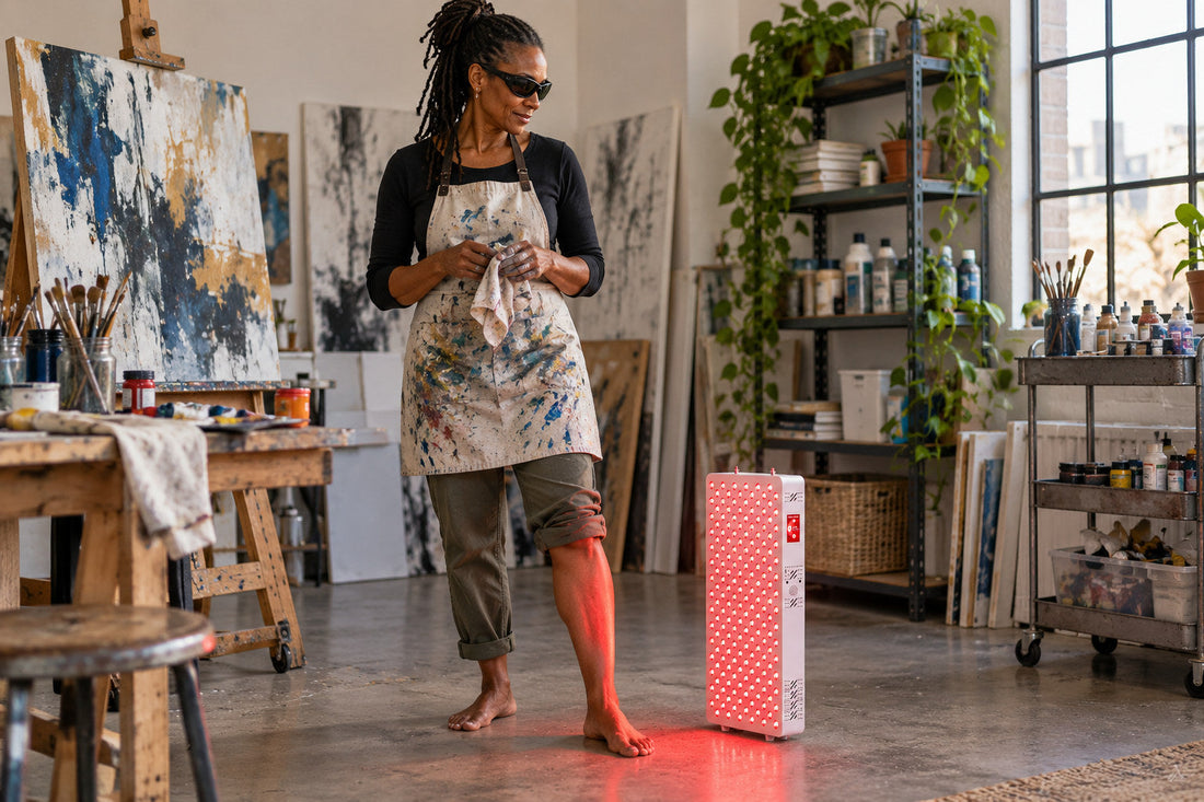 Woman wearing goggles standing in an art studio beside the Kivorla red light therapy panel