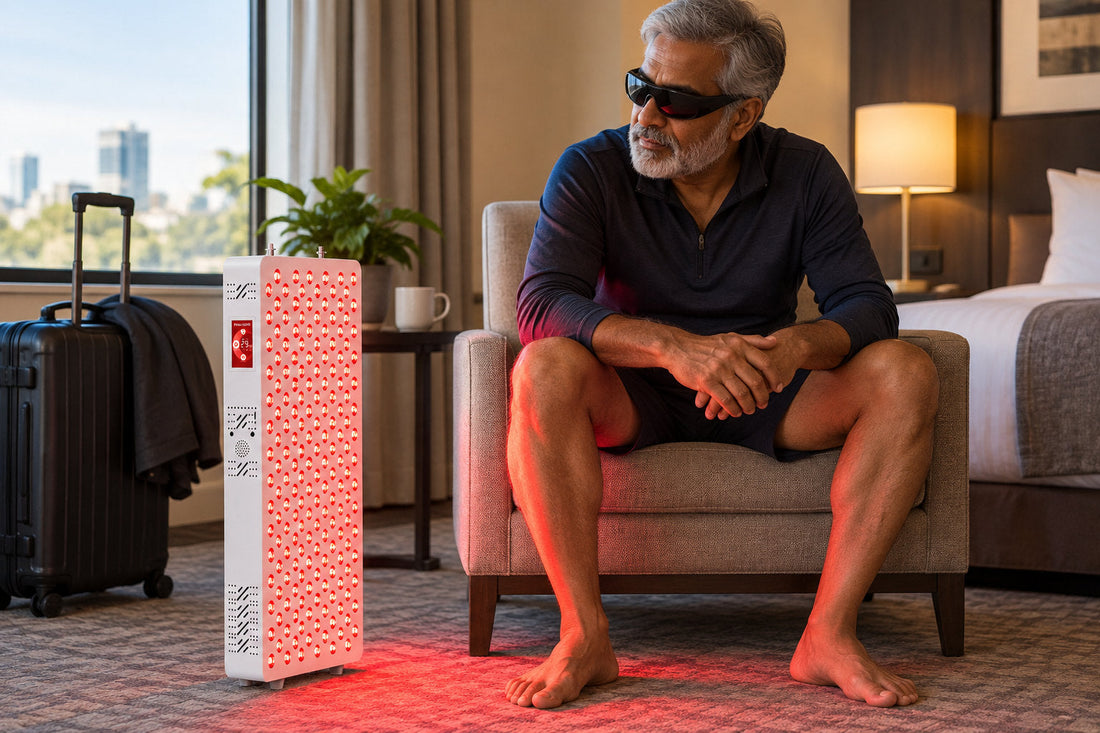 Older man in goggles seated in a hotel armchair beside the Kivorla red light therapy panel
