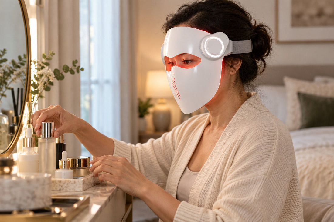 Woman at a bathroom vanity wearing the white Kivorla red light therapy mask