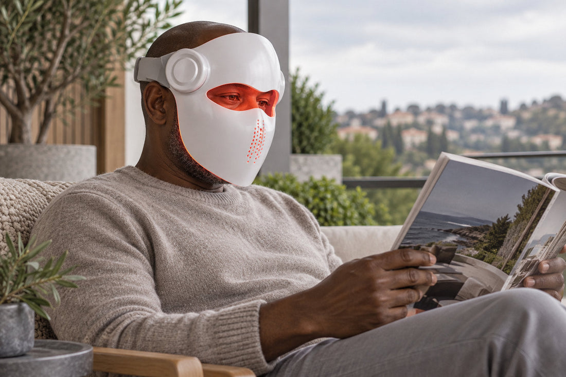 Man reading a magazine on a covered terrace while wearing the white Kivorla red light therapy mask