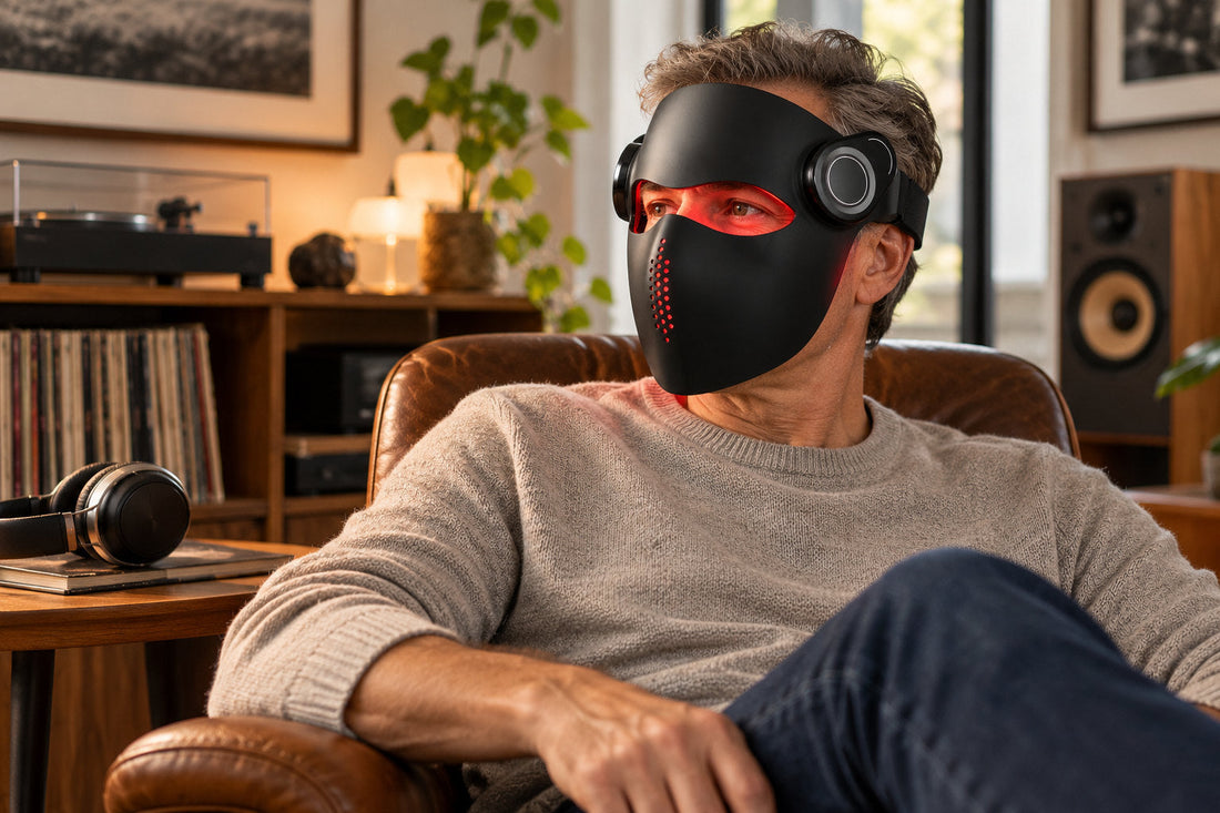Man relaxing in a leather armchair with records and speakers while wearing the black Kivorla red light therapy mask