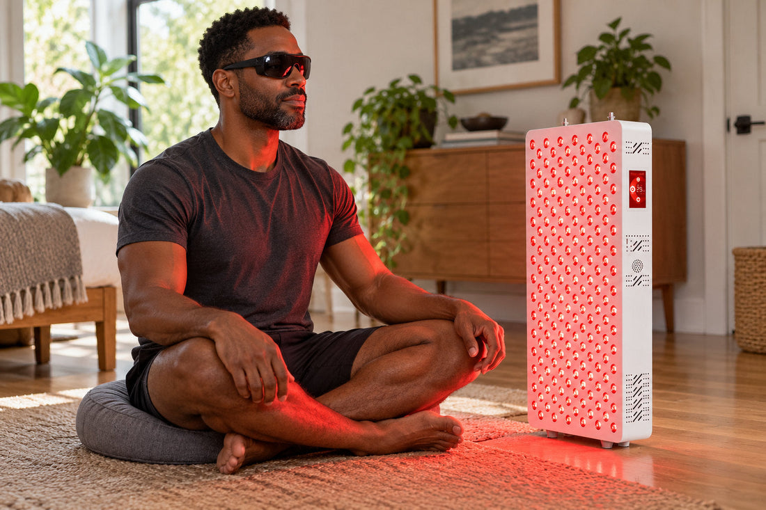 Barefoot man in goggles sitting cross-legged on a cushion beside the Kivorla red light therapy panel