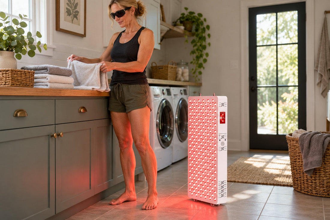 Woman in goggles folding towels in her laundry room beside the Kivorla red light therapy panel