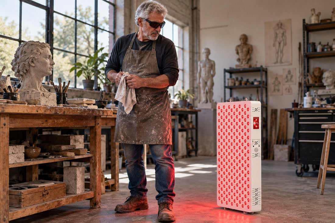 Older man in goggles and an apron standing in a sculpture studio beside the Kivorla red light therapy panel