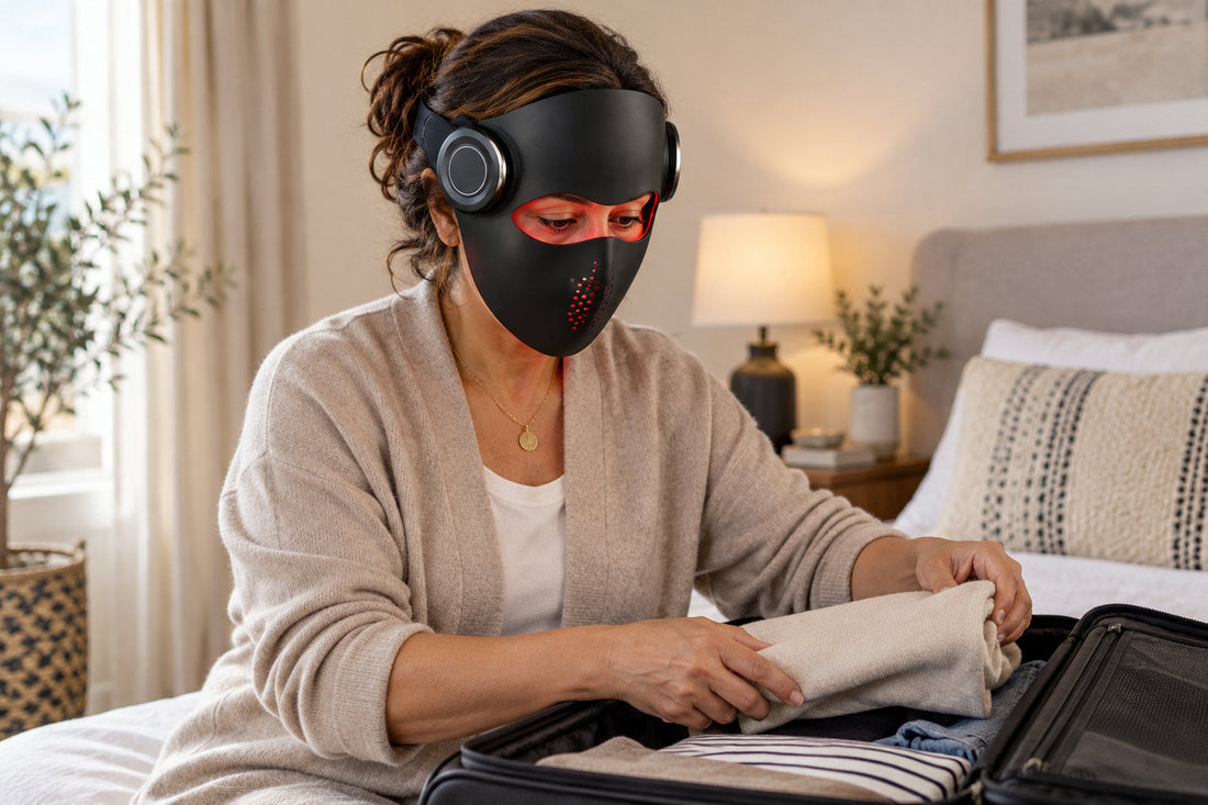 Woman packing a travel bag on her bed while wearing the black Kivorla red light therapy mask