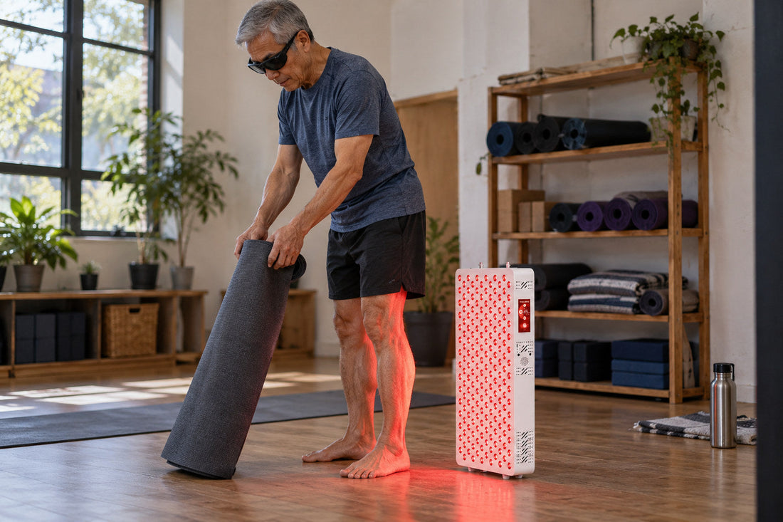 Man in goggles rolling up a yoga mat beside the Kivorla red light therapy panel